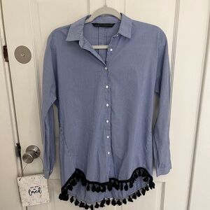 Zara Woman Striped Long Sleeve Button Shirt Tunic with Tassle Hem Size XS